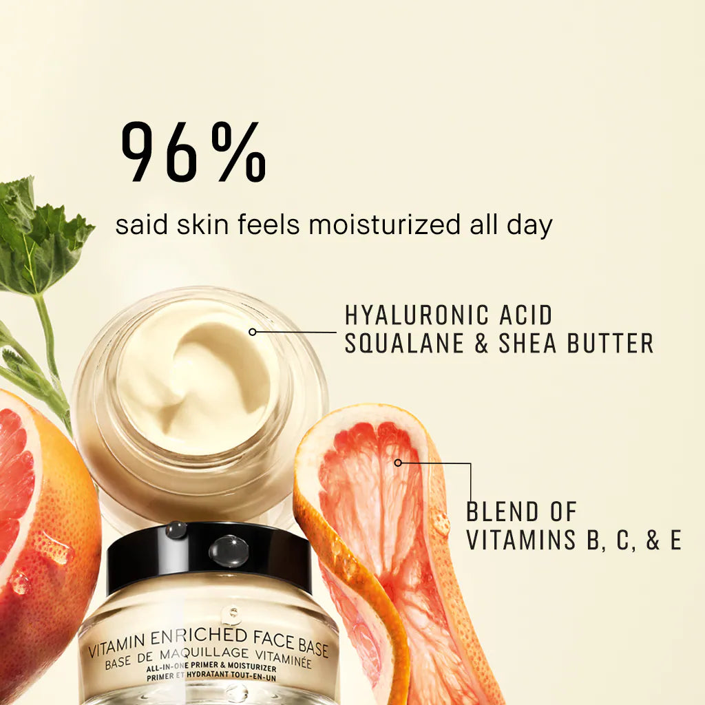 Vitamin enriched face base moisturizer jar with grapefruit, highlighting hyaluronic acid, squalane, vitamins B C E.