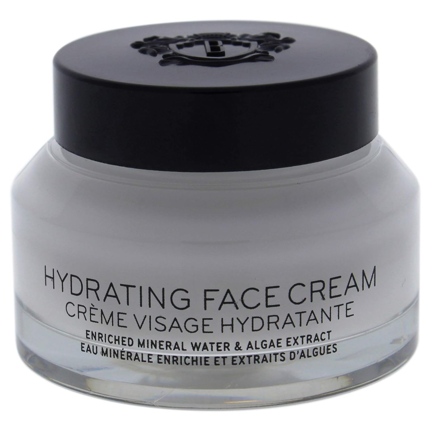 Hydrating face cream jar with black lid, enriched mineral water and algae extract skincare
