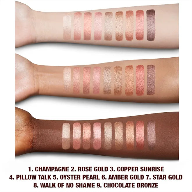 Nine eyeshadow swatches in shimmer and neutral shades shown on light, medium, and deep skin tones.
