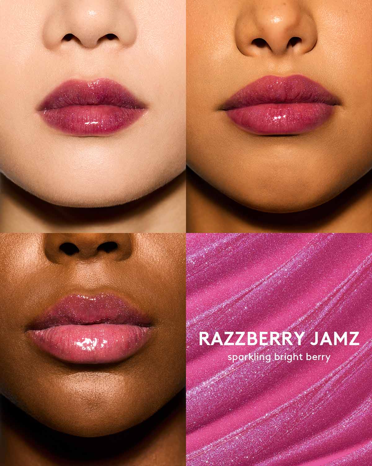 Glossy bright berry lipstick on different skin tones and shimmering swatch, Razzberry Jamz