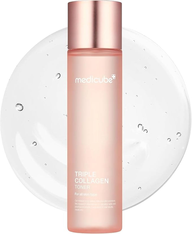 Medicube Triple Collagen Toner bottle for all skin types, luxury skincare product on clear gel background