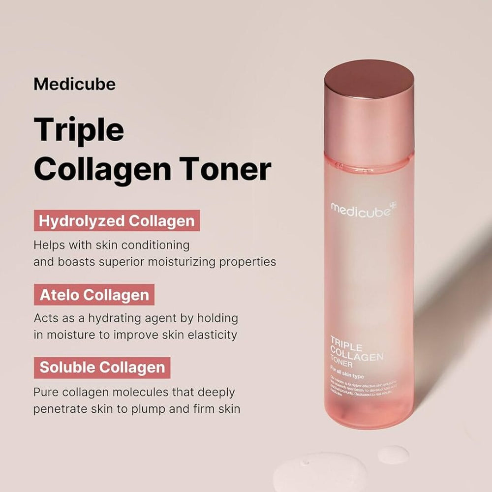 Medikube Triple Collagen Toner bottle for all skin types with key collagen benefits listed.