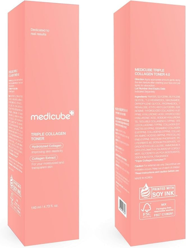 Medicube Triple Collagen Toner 140ml pink packaging, skincare product for moisturizing and elasticity
