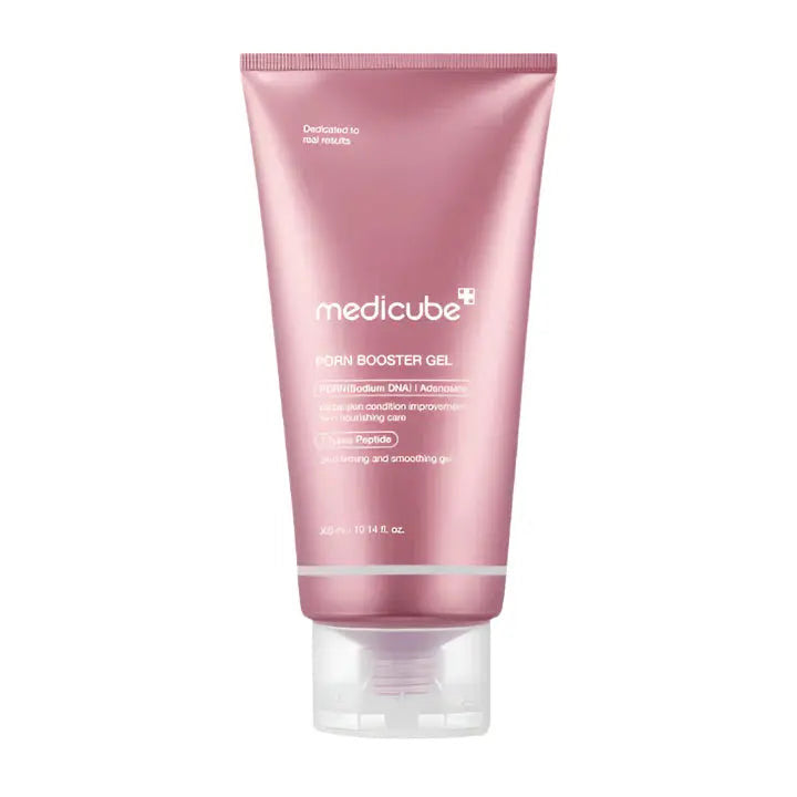Medicube Pore Booster Gel skincare product in a pink tube, 300ml size, isolated on white background