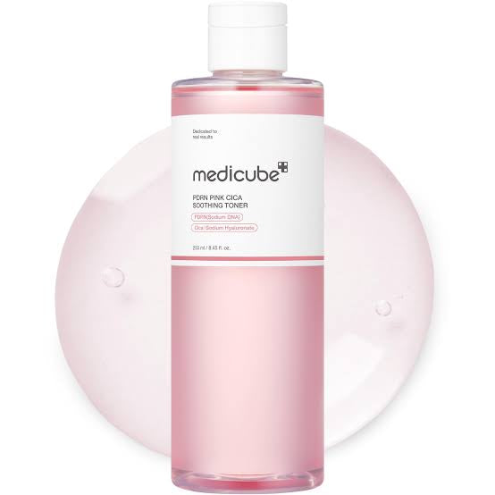 Pink Medicube Pore Cica Soothing Toner bottle with liquid on white background, skincare product