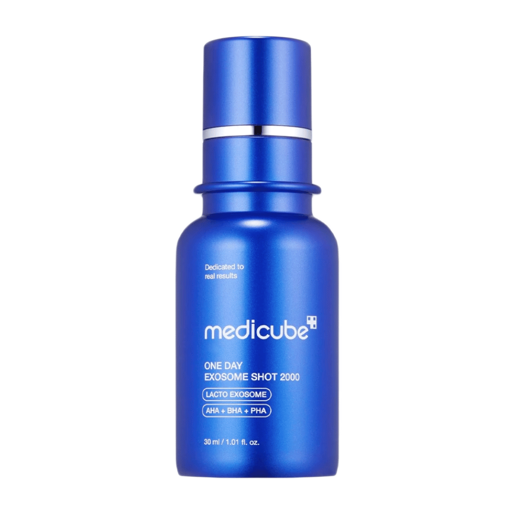 Blue Medicube One Day Exosome Shot 2000 skincare serum bottle with text details