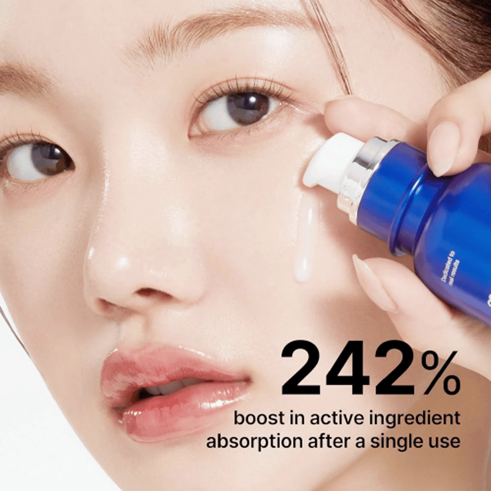 Woman applying luxury skincare serum from blue bottle to face, text highlights absorption boost