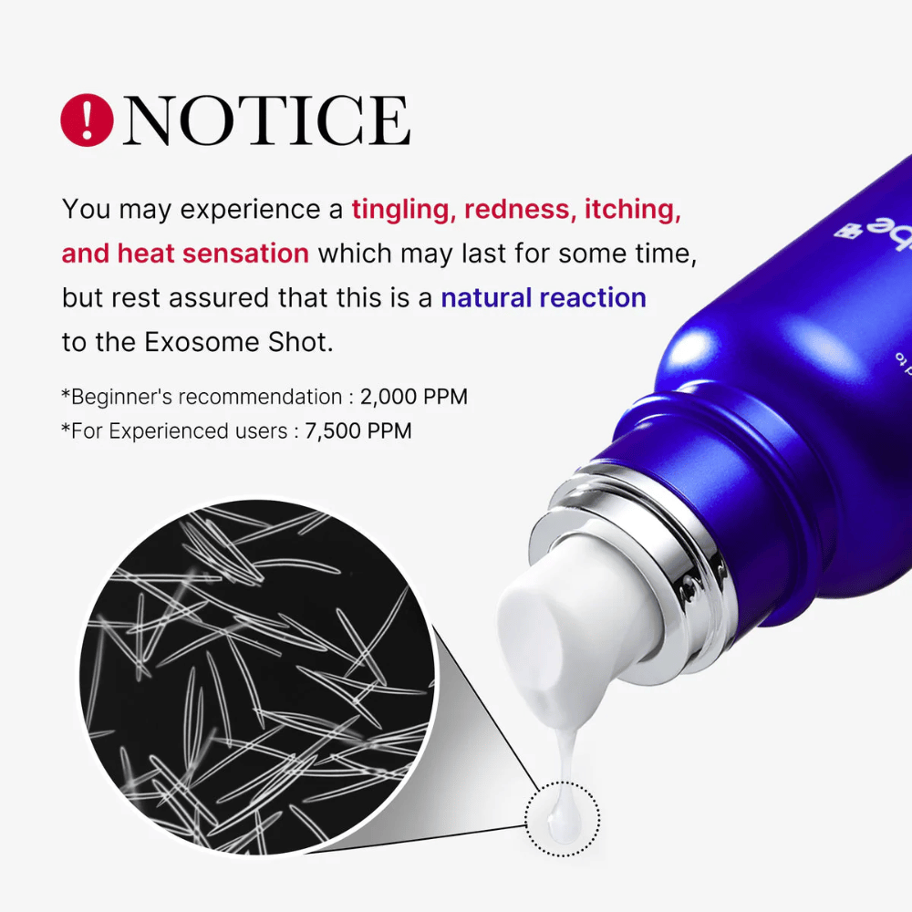 Blue serum bottle dispensing white cream with exosome shot warning and ingredient details.