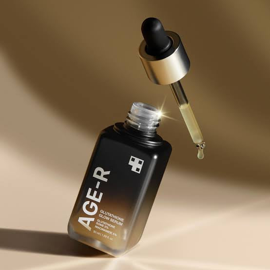 AGE-R Glutathione Glow Serum bottle with dropper for luxury skincare