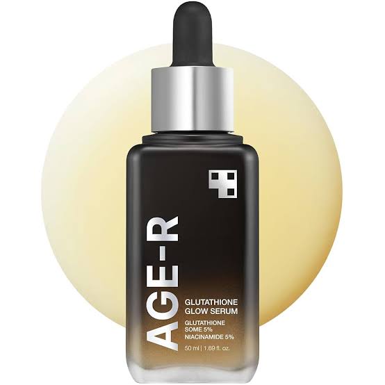 AGE-R Glutathione Glow Serum bottle with dropper, 50ml, with niacinamide and bright background circle