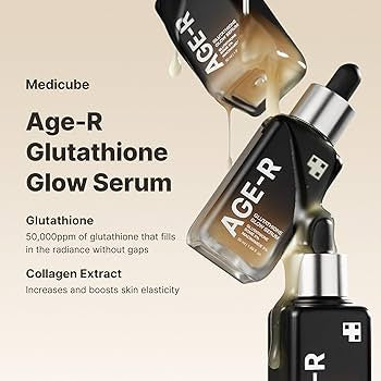 Medikube Age-R Glutathione Glow Serum bottle with dropper, skincare product with serum dripping.