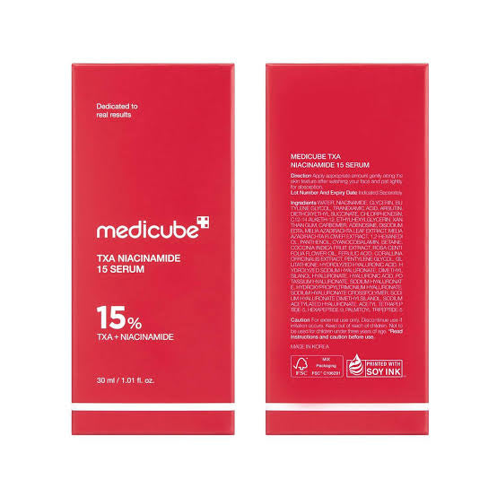 Red packaging of Medicube TXA Niacinamide 15% serum for skincare, front and back view