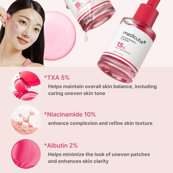 Woman applying pink serum, medicube TXA niacinamide bottle, skincare ingredient benefits on display.