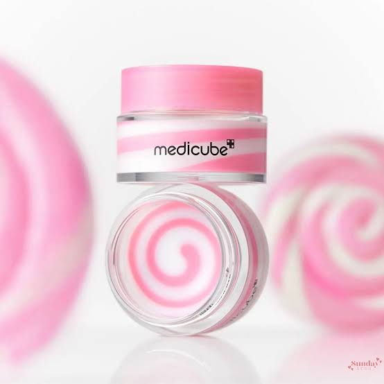 medicube pink and white swirl skincare cream jar with pastel candy design