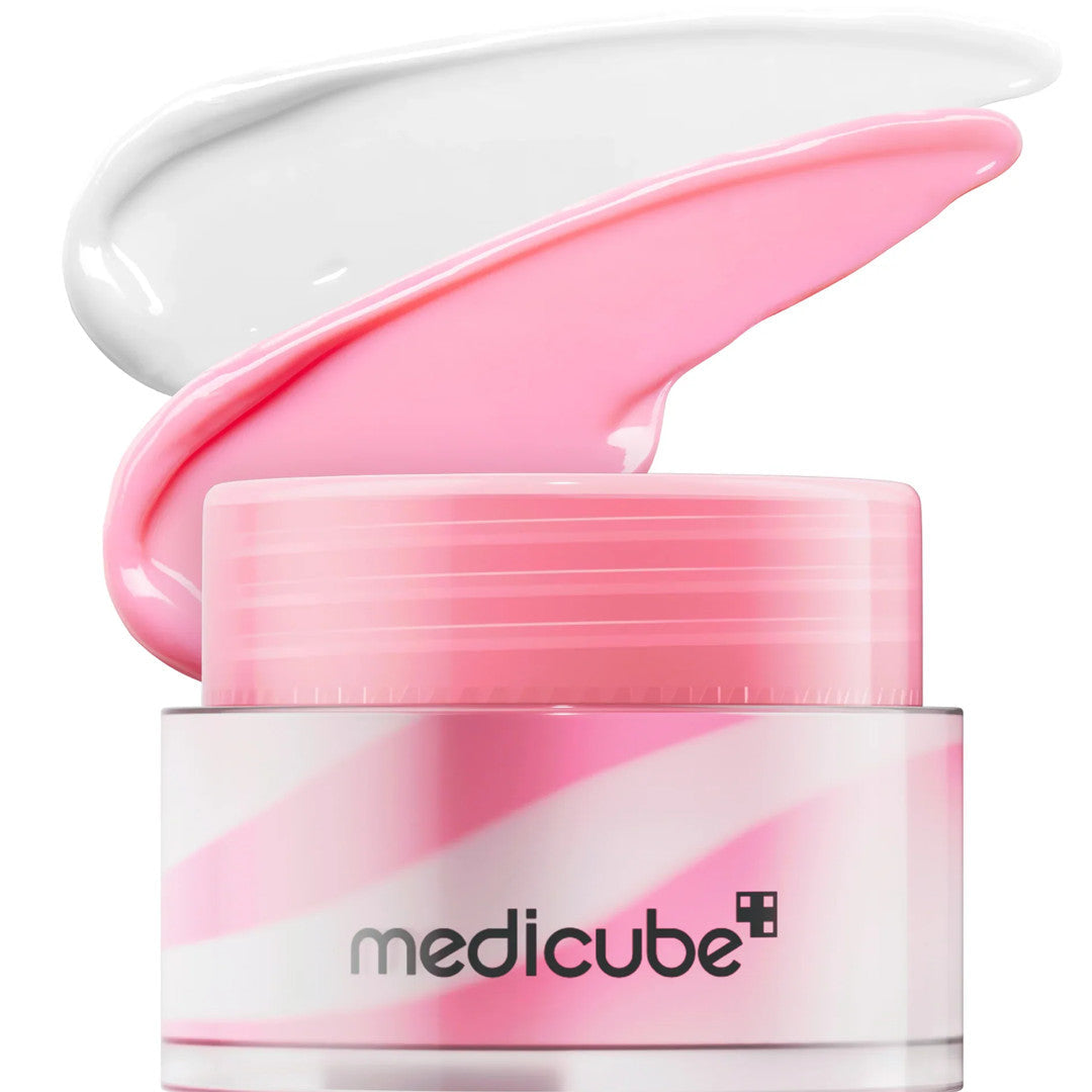 Medicube pink and white skincare cream swatch and jar, luxury face moisturizer product