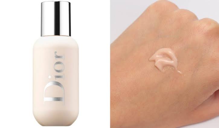 Dior liquid foundation bottle with silver cap and swatch of product on hand