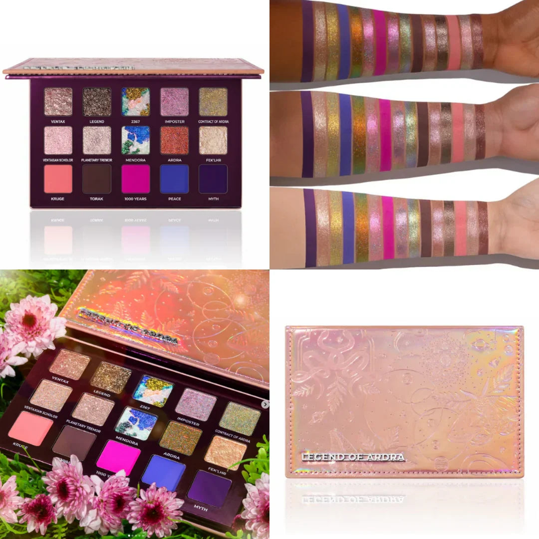 Colorful eyeshadow palette with bold shimmer and matte shades, swatches on arms, decorative case