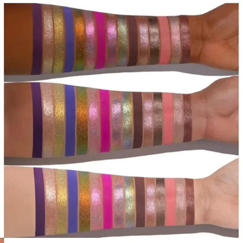 Multiple arms displaying glittery, metallic, and matte eyeshadow swatches in vibrant shades.